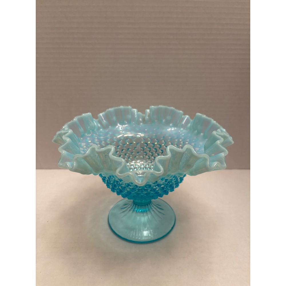 Fenton Blue Opalescent Hobnail Glass Ruffled Compote Pedestal Candy Dish 8"